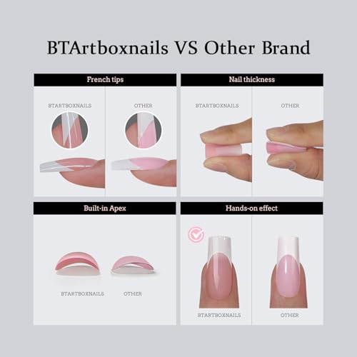 BTArtboxnails French Gel Nail Kit - French Tip Press on Nails Brown Short Coffin XCOATTIPS Pre-applied Tip Primer & Base Coat Fake Nails for Nail Art DIY