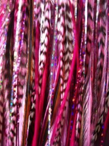 Pink Feather Hair Extensions with 2 Glitter Strands Bonded Together At the Tip 5 Feathers in total bonded together at the tip