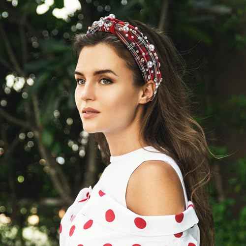 WantGor Pearl Knotted Headband, Women Rhinestone Embellished Hairband Elegant Wide Top Knot Bride Headbands Headpieces Party Fashion Elegant Ladies Hair Band Hair Hoop Accessories (Red Plaid)