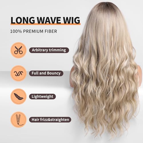 KOME Ombre Dirty Blonde Wigs with Bangs,Ash Blonde Long Wavy Wig for Women,Long Curly Synthetic Hair Wig for Party Daily Use 24IN