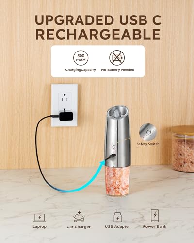 Sangcon Gravity Electric Salt and Pepper Grinder Mill RECHARGEABLE Automatic Salt Pepper Shaker USB-C No Battery Needed - LED Light One Hand Operation, Adjustable Coarseness Pepper 1pc