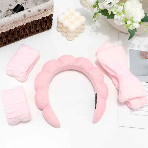Chanaco Hairband, 2 Pcs Spa Headbands and 2 Pcs Wrist Bands for Women, Pink Microfiber Face Wash Headband with Bow Tie, Skincare Headband, Wide Occasion, Teen Girl Gifts, Trendy Stuff