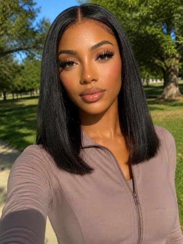 KLAIYI Yaki Straight Bob Wig Human Hair Glueless 13x4 Lace Front, Pre-Plucked & Ready to Wear, 12 Inch