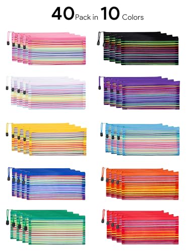 JARLINK Zipper Mesh Pouch 40 Pack | 10 Colors Pencil Case