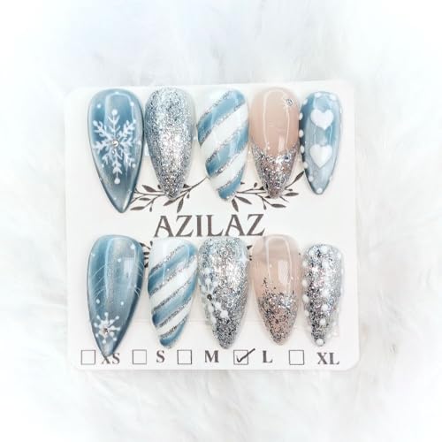 Press On Nails, White and Blue Snowflake Design, Medium Stiletto Shape, 10-Piece Set,Handmade Christmas Collection,(Medium)
