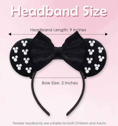 LIHELEI Velvet Pearl Mouse Ears Headband for Women Halloween Costume Party Hair Accessories - Black Pearl, Size 9x7"