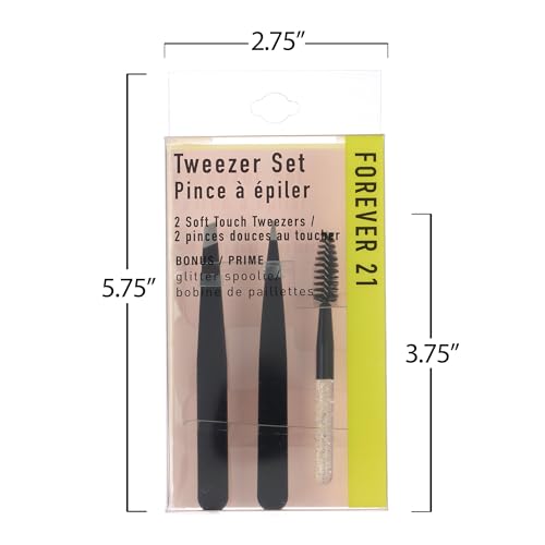 3pc Black Tweezer Set & Glitter Spoolie - Hair Removal Tweezers,Angled and Pointed Tweezer Set, Precision Tweezers & Eyelash Spoolie Set