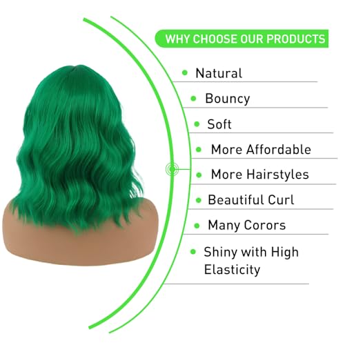 Green 14 Inch Short Wavy Bob Wig with Bangs - Heat Resistant Synthetic