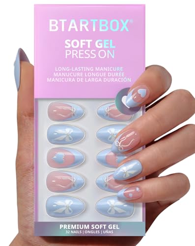 BTArtbox Press On Nails Short Almond Blue French Tips 32Ct