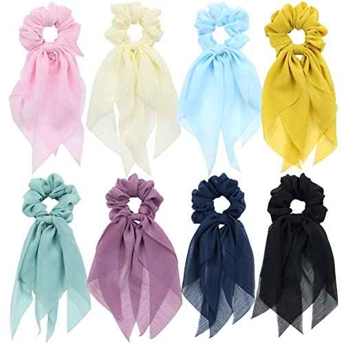Lawie 8 Pack Colorful Chiffon Long Ribbon Hair Ties Silk Tails Hair Bows for Girls Scarves Scrunchies for Thick Hair Ponytail Holders Scarf Headbands Elastics Hairbands 90s Hair Accessories for Women