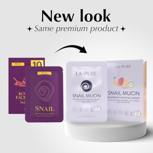 LA PURE Snail Mucin Mask ? 10ct Korean Sheet Mask Pack for Signs of Aging, Aid Skin Repair & Hydration ? Pure Snail Mask for Face with Collagen & Hyaluronic Acid ? Cruelty-Free Hydrating Sheet Mask