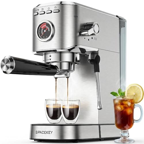 Spacekey Silver Espresso Machine with Milk Frother, 20 Bar Compact Coffee Maker for Home, 39oz Removable Water Tank