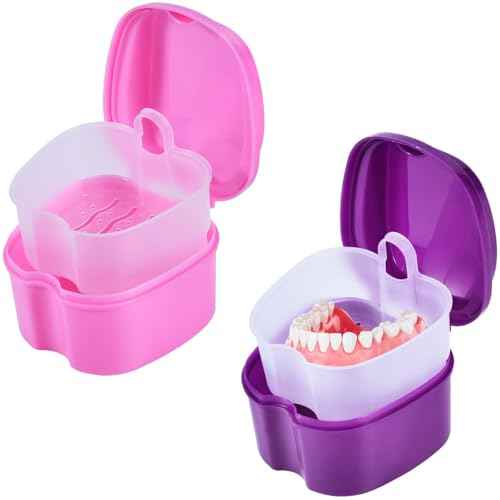 2 Pack Colors Denture Bath Case Cup Box Holder Storage Soak Container with Strainer Basket for Travel Cleaning (Pink and Purple)