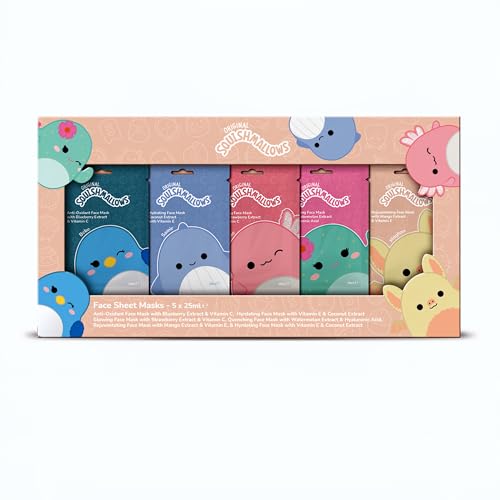Original Squishmallows Face Sheet Masks, 5 Pack, 25ml Each, Anti-Oxidant, Hydrating, Glowing, Quenching, Rejuvenating