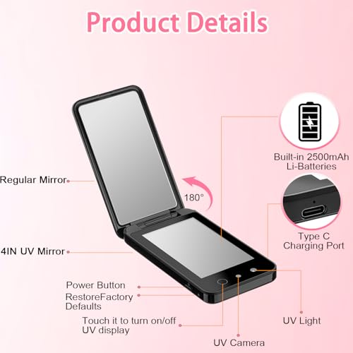 DESCHEN 2500mAh Rechargeable UV Camera UV Mirror for Sunscreen Test, 4 Inch Portable Double-Sided Travel Smart UV Lens Compact Detection Makeup Sunscreen Testing Camera Mirror, Skin Sun Protection