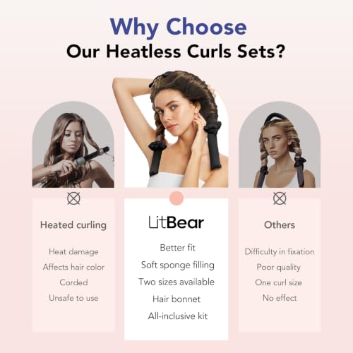 LitBear Black Heatless Curlers Set with Bonnet & Accessories for Long & Medium Hair