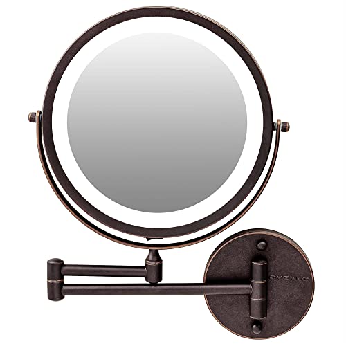 OVENTE 9" Lighted Wall Mount Makeup Mirror with 1X/7X Magnification, Cordless Double Sided Magnifying Round Vanity Mirror, 360¡Æ Swivel Design, Extendable and Folding Arm, Antique Bronze MFW85ABZ1X7X