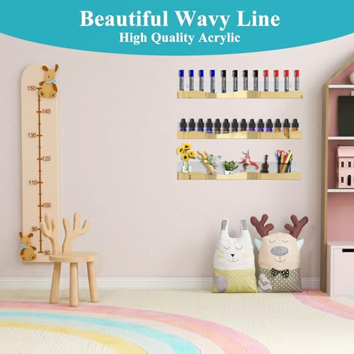 12 Pack Gold Mirror Nail Polish Racks 15 Inch Acrylic Wall Mount Shelves with Stopper for Nail Polish Organizer, Picture Frames, Books, Home Dec