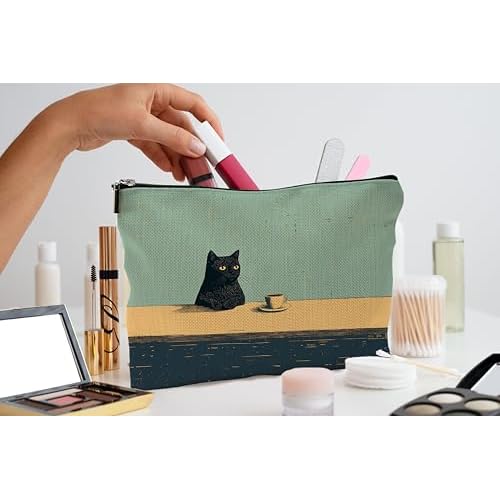 Black Cat Makeup Bag, Cat Cosmetic Bags for Women, Cats Lover Mom Lady Gifts for Women, Vintage Coffee Black Kitten Zipper Makeup Pouch