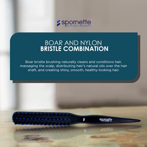 Spornette Boar Bristle Hair Brush for Women & Men - Little Wonder Small Teasing Brush - Create Slick Backs & Volume - Boar & Tourmaline Nylon Bristles for Back Brushing & Combing (Blue)