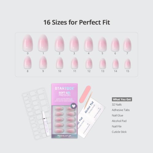 BTArtbox Press On Nails - Pink Short Almond Fake Nails, 3-Love Letter, 32Pcs