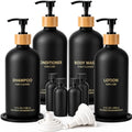 Black Glass Shampoo and Conditioner Dispenser Set - 4 Pack with Travel Bottles