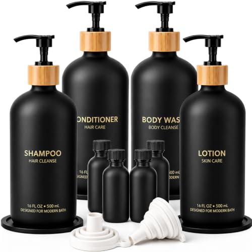 Black Glass Shampoo and Conditioner Dispenser Set - 4 Pack with Travel Bottles
