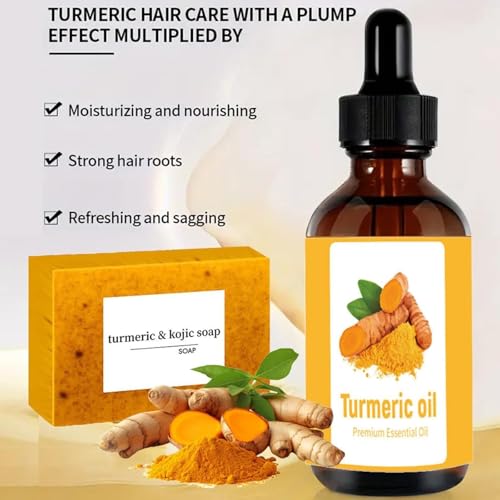 Turmeric Soap & Essential Oil Set, Including 6 Turmeric Kojic Soap & Essential Oils, Natural Lemon Honey Handmade Bar for Wash Face & Body, Jabon de Curcuma para Las Manchas Kit for Women & Men