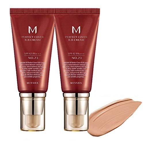 MISSHA M Perfect Cover BB Cream No.23 (2 Pack) Natural Beige for Light with Neutral Skin Tone SPF 42 PA +++ 1.69 Fl Oz - Tinted Moisturizer for face with SPF