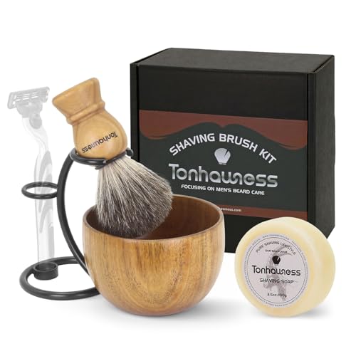 Shaving Brush Kit For Men, 4 In 1 Shaving Brushes Set Includes Badger Hair Shaving Brush, Wood Bowl, Stainless Steel Shaving Stand and Goat Milk Shaving Soap