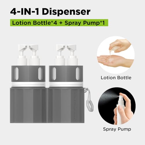 2P 4 in 1 Travel Toiletry Containers,TSA Approved Refillable Travel Size Toiletries Bottles Set with Suction Cup for Smooth Walls - for Shampoo,Conditioner,Body Wash,Lotion. (Pink+Grey)