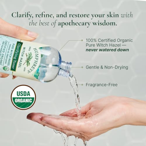Humphreys Witch Hazel Clarifying Toner | Wild Harvested Witch Hazel | USDA Organic | Natural | Hydrating | Clears Pores & Removes Oil | 8 Fl Oz