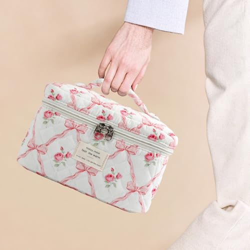 Large Quilted Makeup Bag Set for Women & Girls - Floral Cotton Cosmetic Organizer, Travel Toiletry Bags with Bows