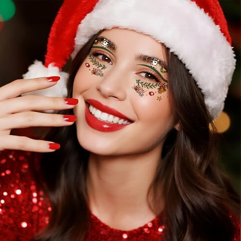 24 Sheets Christmas Face Temporary Tattoo, Upper & Lower Lash Realistic Designs Waterproof Christmas Fake Tattoos for Men & Women Cosplay Party & Festive Looks & Stage Face Makeup Decoration