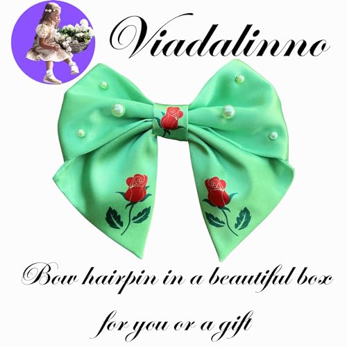 VIADALINNO Hair Clip Bow in a Box Pearls Roses for Women and Girls Silky Cute Coquette Teen Babygirl Little Barrette Hairbows Belle Cinderella Child Giftable Accessories Outfit (1, Light green)