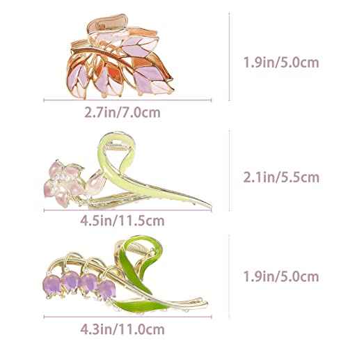 3-Piece Flower Metal Hair Clips, Purple Leaves Shape Hair Claw for Thin/Medium Hair, Elegant Lily Floral Barrettes - Strong Hold, Non-Slip Cute Accessories for Thick Hair