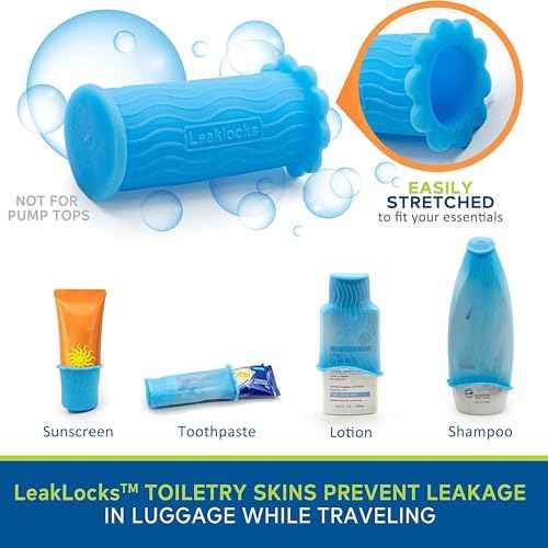 LeakLocks¢ç Toiletry Skins¢â Elastic Sleeve for Leak Proofing Travel Container in Luggage. For Standard and Travel Sized Toiletries. Reusable Accessory for Travel Bag Suitcase and Carry-on Luggage
