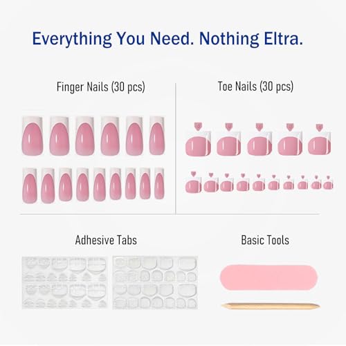 Press on Nails & Toenails, 60Pcs 2-in-1, Glossy White French Tip