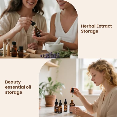 63 Pcs 1oz Amber Glass Dropper Bottles with Measurement, 30ml Leakproof Tincture Bottles with Funnels, Eye Droppers, Extra Caps & Labels, Refillable Empty Bottle for Tinctures, Essential Oils