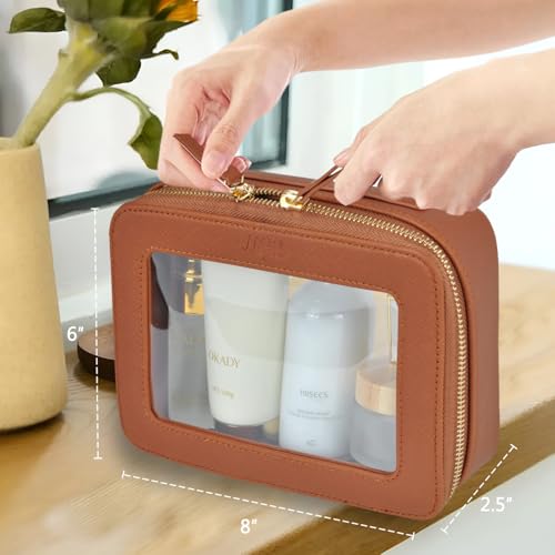 NGIL Clear Faux Leather Travel Toiletry Bag, Makeup Bag Organizer for Women, Clear Window & Gold Zipper Makeup Bag, Road Trip Essential, Skincare, Cruise Ship Essentials (Brown)