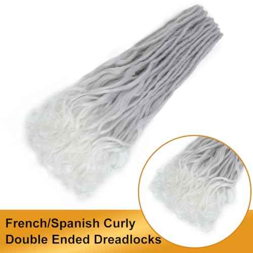 Loose Wave Dreadlocks Synthetic French Curly Double Ended Dreadlock Extensions 24inches 30 Strands Thin Soft Grey to White Spanish Curly DE Dreadlock Extensions for Women (30 Strands, G60)