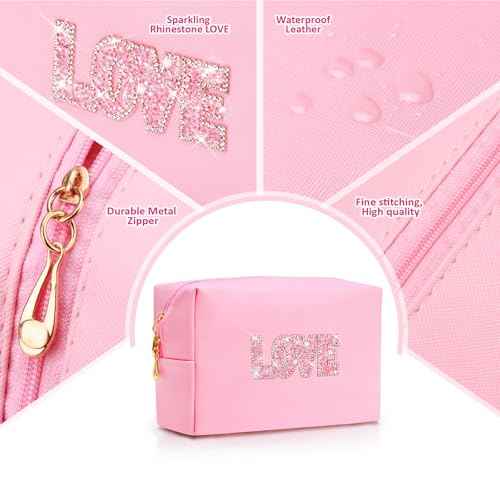 Bling Love Rhinestone Makeup Bag For Teen Girl Kids Women Bride Bridesmaids,Trendy Travel Cosmetic Bag For Mothers Teachers Birthday Engagement Wedding Gifts,Sparkly Leather Toiletry Bag (Purple LOVE)