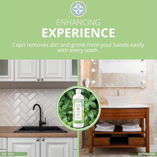 Capri Essentials Hand Soap Liquid, Natural Household Cleaning Supplies, Gentle Plant Based Aromatic Hand Wash with a Blend of Essential Oils, Removes Dirt & Grime, Sweet Basil Scent, 16 FL Oz (6 Pack)