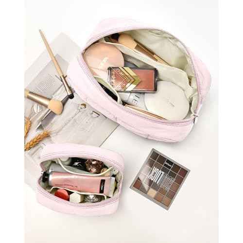 oscaurt 2 Pcs Makeup Bag Travel Toiletry Bag for Women Puffy Padded Cosmetic Pouch Purse Wide-open Makeup Organizer Case Travel Essentials