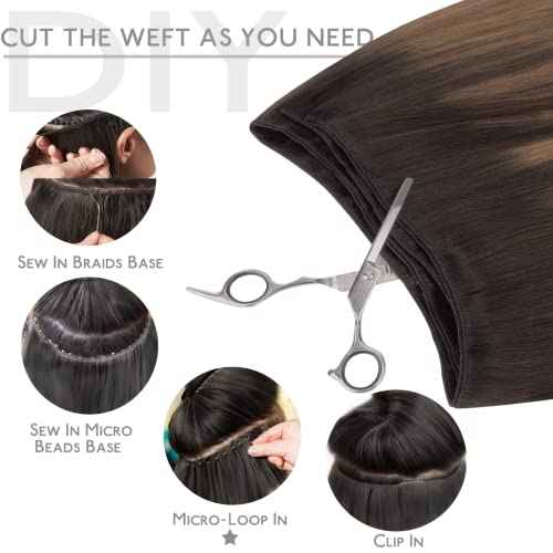 WENNALIFE Sew in Hair Extensions Real Human Hair, Weft Hair Extensions Human Hair 18 Inch 90g Balayage Dark Brown to Chestnut Brown Hand Tied Weft Straight Extensiones De Cabello Hmano