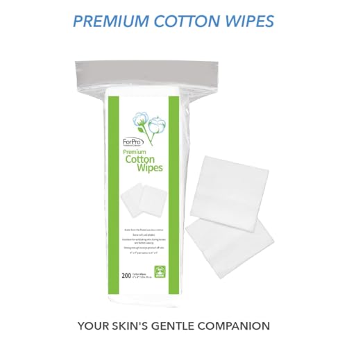 ForPro Premium 100% Cotton Wipes - 4x4 Lint-Free Facial Pads (200 Count)