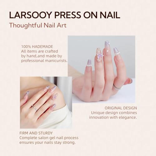 LARSOOY Nails Handmade Press on Nails Middle Long Coffin | Handmade Nails with Dancing Butterfly | Reusable Fake Nails with Pearls and Glitter | False Nails 10 Pcs (Dance of Butterflies, S)