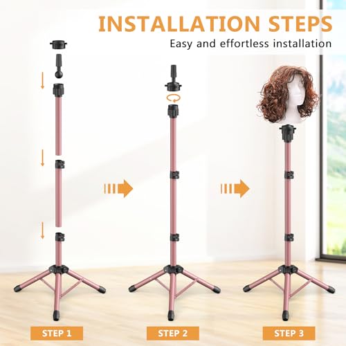Pink Adjustable Wig Head Stand 50 Inch Tripod for Salon & Styling