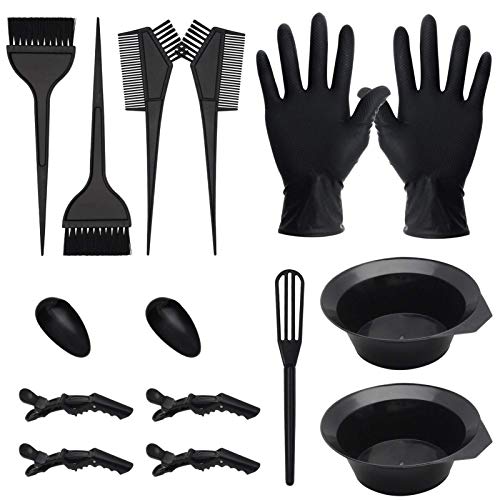 CREATESTAR 15 Pcs Hair Dye Coloring Kit, Hair Coloring Dyeing Bleaching DIY Salon Tool, Hair Tinting Bowl/Dye Brush/Mixing Spoon/Ear Cover/Gloves/Tint Comb (Black)