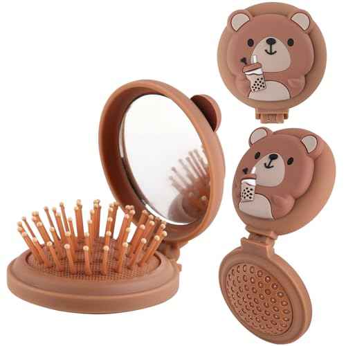 Mini travel hair brush for kids, Round Folding Pocket Mirror small toddler Hair Brush for Boys and Girls,Baby hair detangling brush Massage Hair Brush with Air Cushion for Thick Hair(Brown)